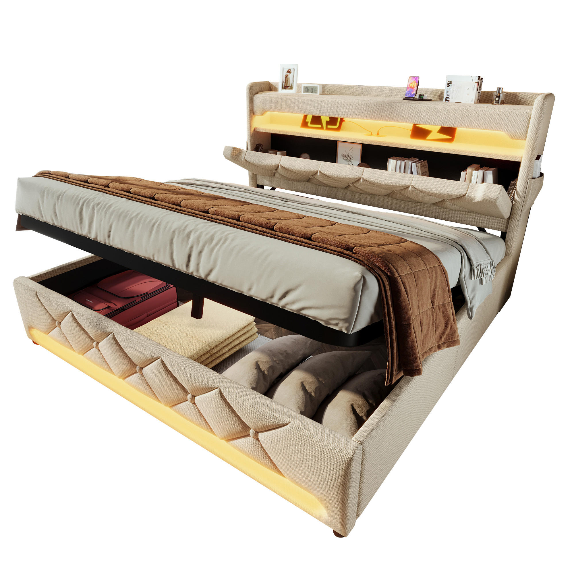 POLSTERBETT 140/200 cm Beige aus Leinen mit Stauraum und LED - Beige, Textil (140/200cm) - OKMYHOME