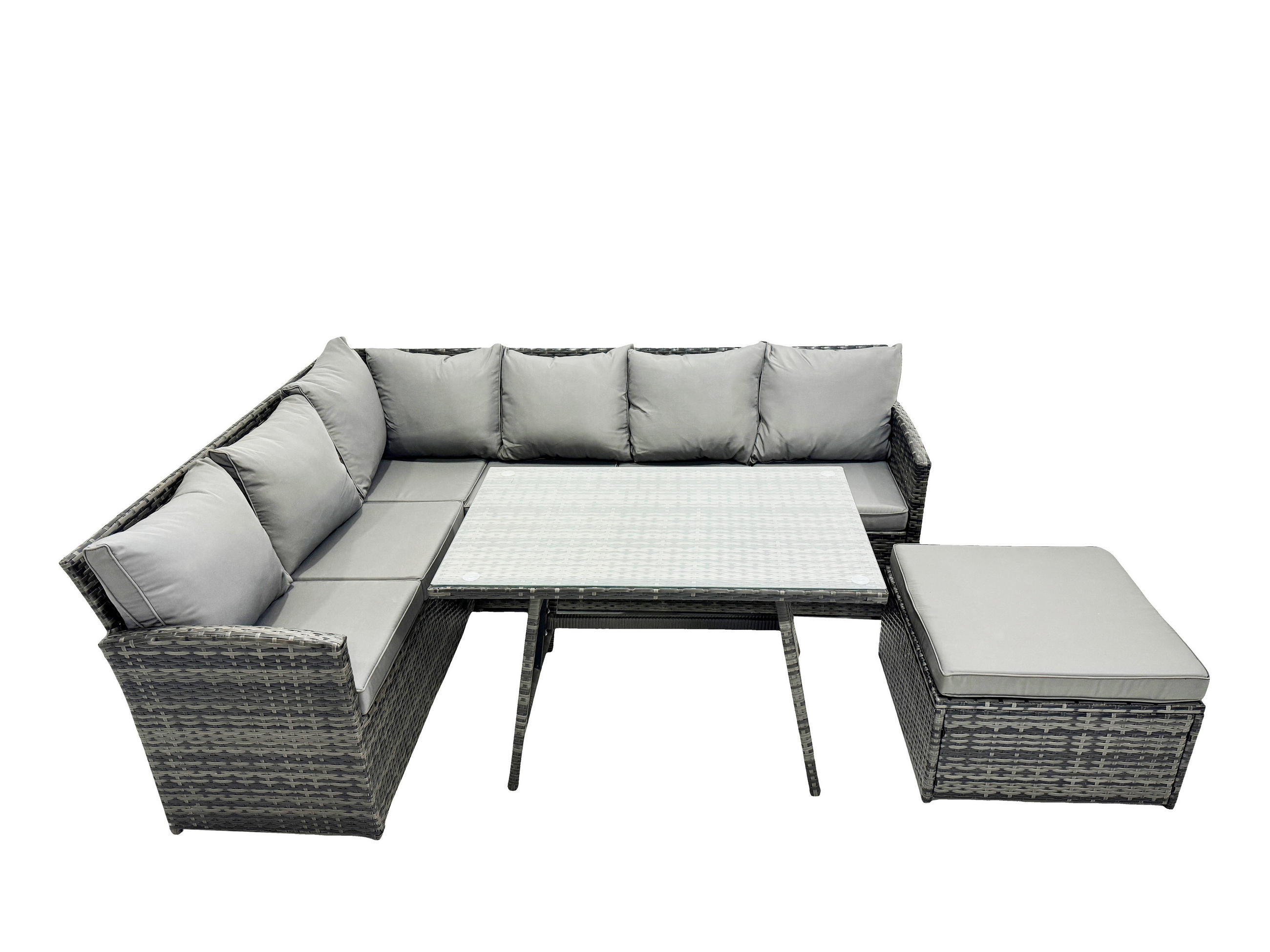 SITZGRUPPE mit Ecksofa,Fußhocker Polyrattan Dunkelgrau 7-Sitzer - Dunkelgrau/Grau, Glas/Kunststoff - Fimous