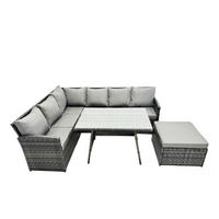 SITZGRUPPE mit Ecksofa,Fußhocker Polyrattan Dunkelgrau 7-Sitzer - Dunkelgrau/Grau, Glas/Kunststoff - Fimous