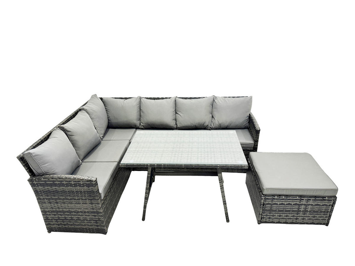 SITZGRUPPE mit Ecksofa,Fußhocker Polyrattan Dunkelgrau 7-Sitzer - Dunkelgrau/Grau, Glas/Kunststoff - Fimous