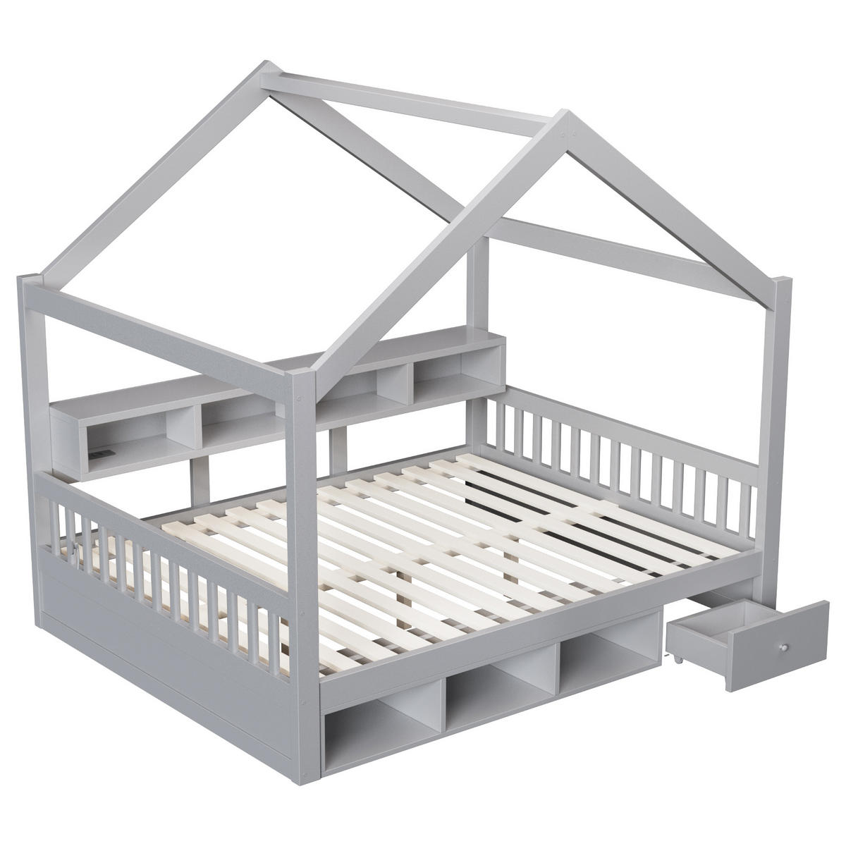 HAUSBETT 140/200 cm mit Dachrahmen und LED, DE-41651, in Grau - Grau, Holzwerkstoff (140/200cm) - ComfortXL
