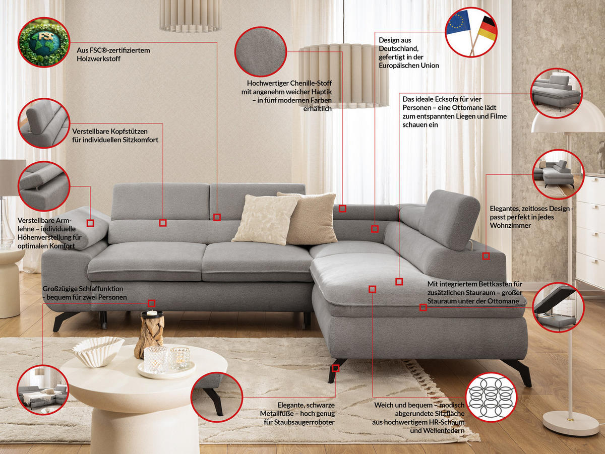 ECKSOFA mit Schlaffunktion und Bettkasten Bonnie aus Hellgrau Chenille-Stoff mit verstellbaren Kopfstützen und Armlehne - Ottomane rechts - Hellgrau/Schwarz, Holz/Textil (275/210cm) - S-Style Möbel