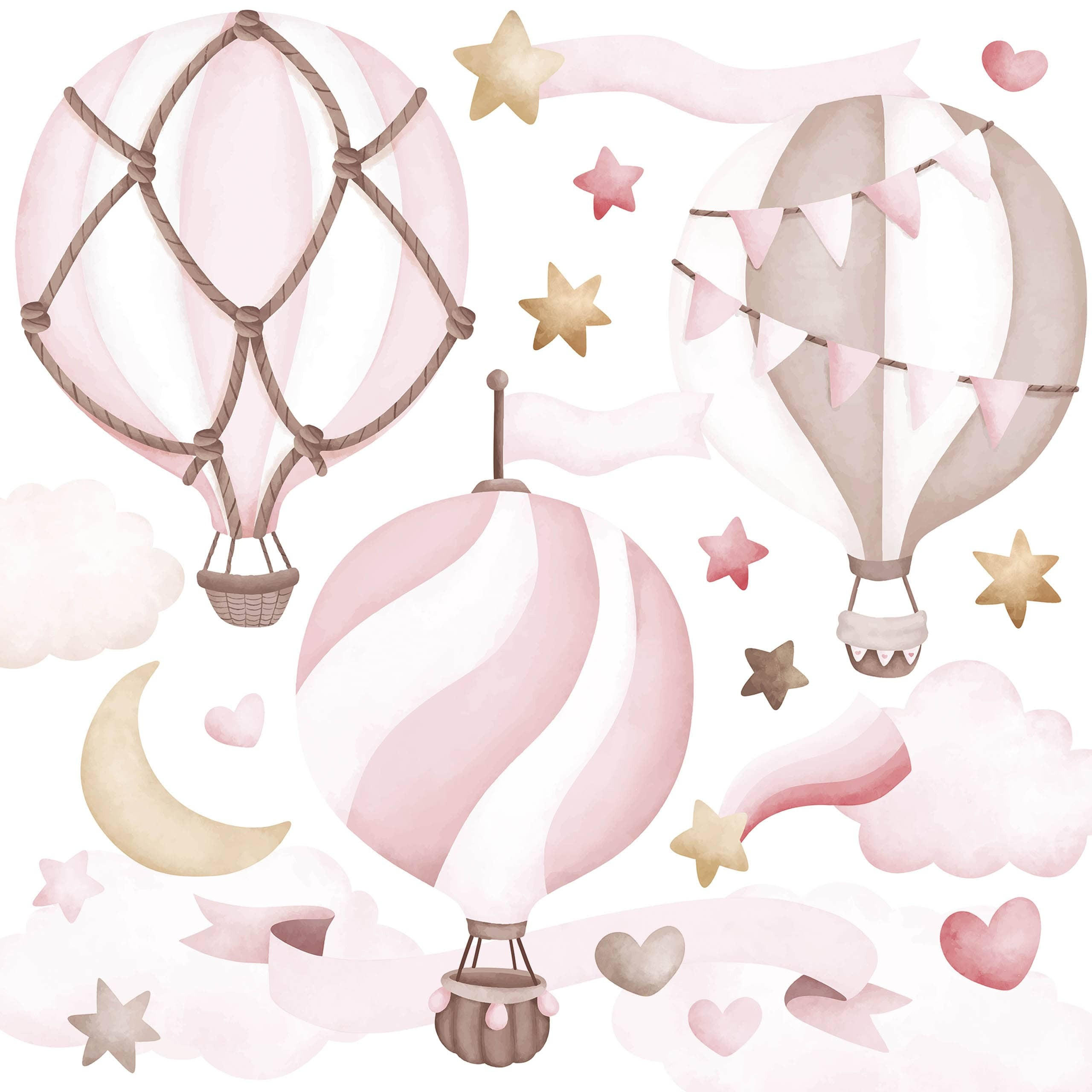STICKER SET für Kinder rosa Luftballons Wolken Sterne Boho 120x60 - Beige/Rosa, Papier (120/60/1cm) - Muralo