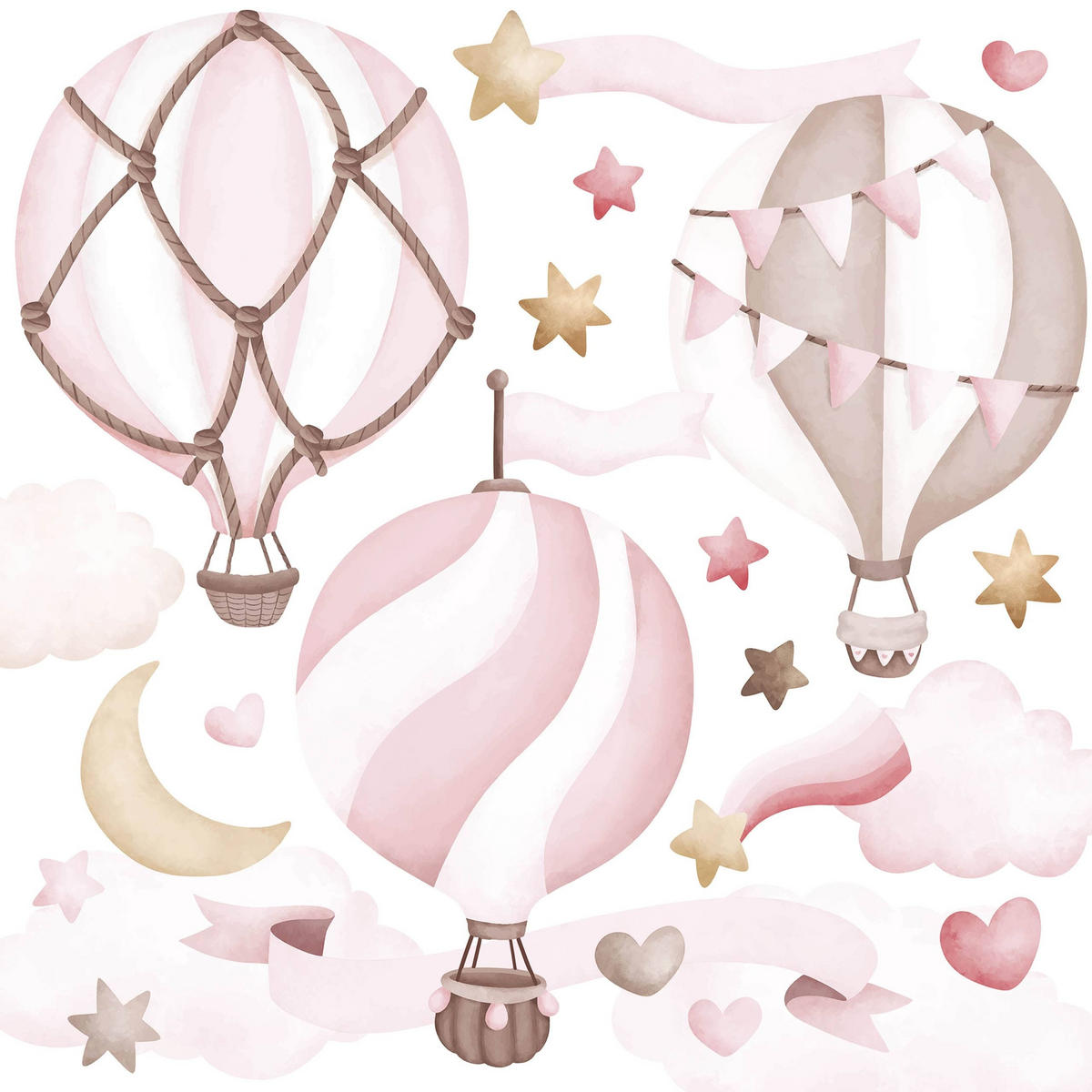 STICKER SET für Kinder rosa Luftballons Wolken Sterne Boho 120x60 - Beige/Rosa, Papier (120/60/1cm) - Muralo