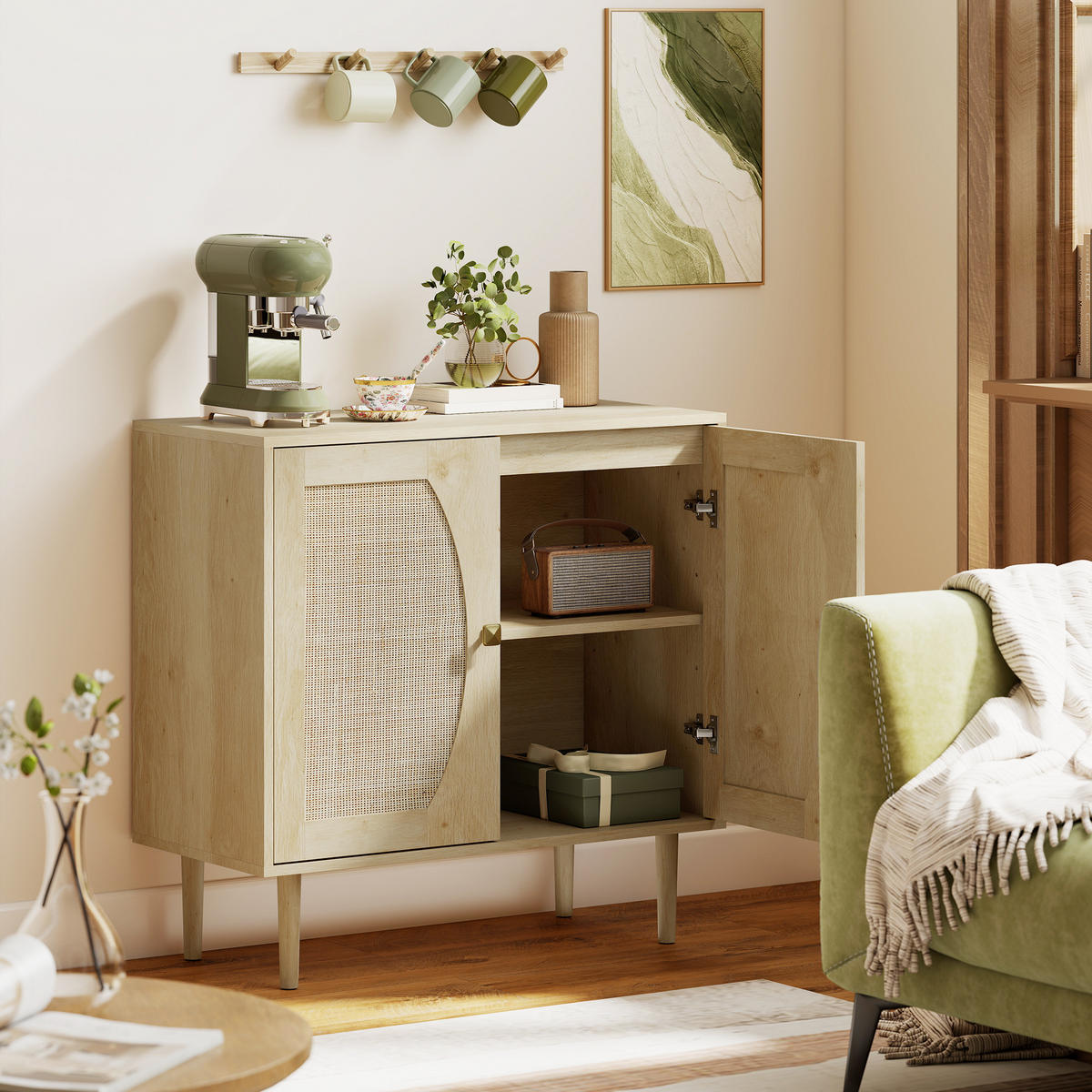 SIDEBOARD DE-11247 2 Türen mit Rattan-Front Naturholz - Naturfarben, Holzwerkstoff (80/79/38cm) - ComfortXL