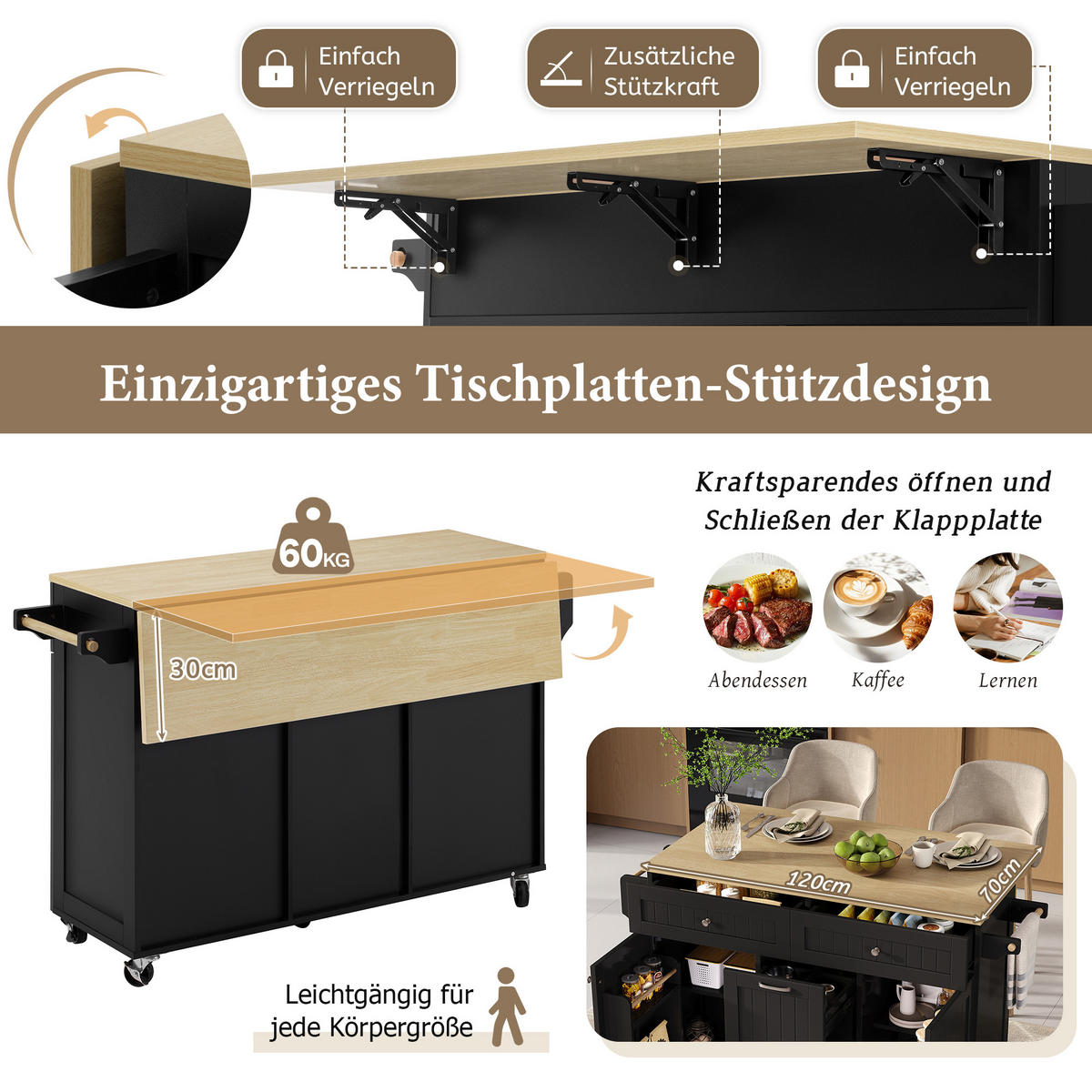 KÜCHENINSEL 140/40/92 cm Schwarz mit Ausziehbarer Arbeitsplatte und Multifunktionsschubladen - Schwarz, Holz (40/92/139.5cm) - Oxeza