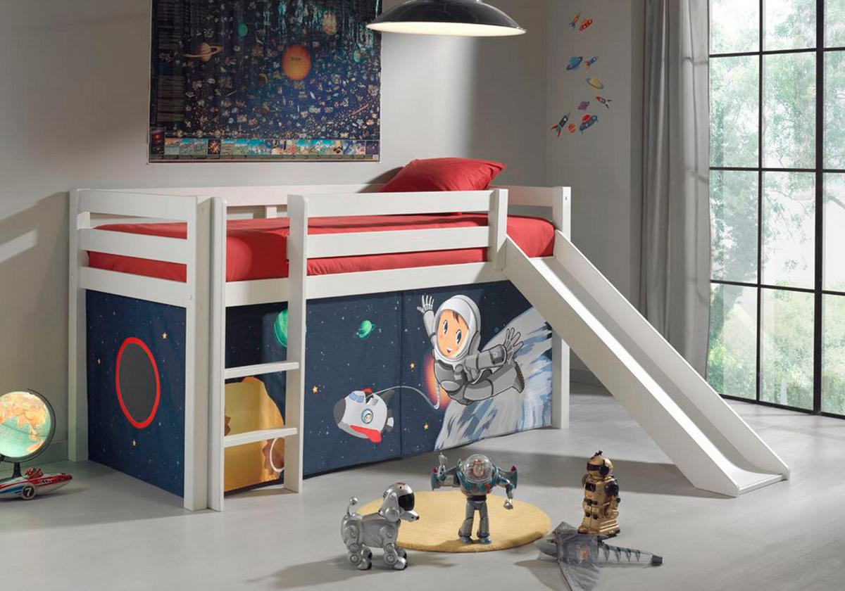 HOCHBETT mit Rutsche Karolina Massivholz Weiß Textilset Spaceman - Pastellblau/Weiß, Holz (90/200cm) - 58aufmkessel