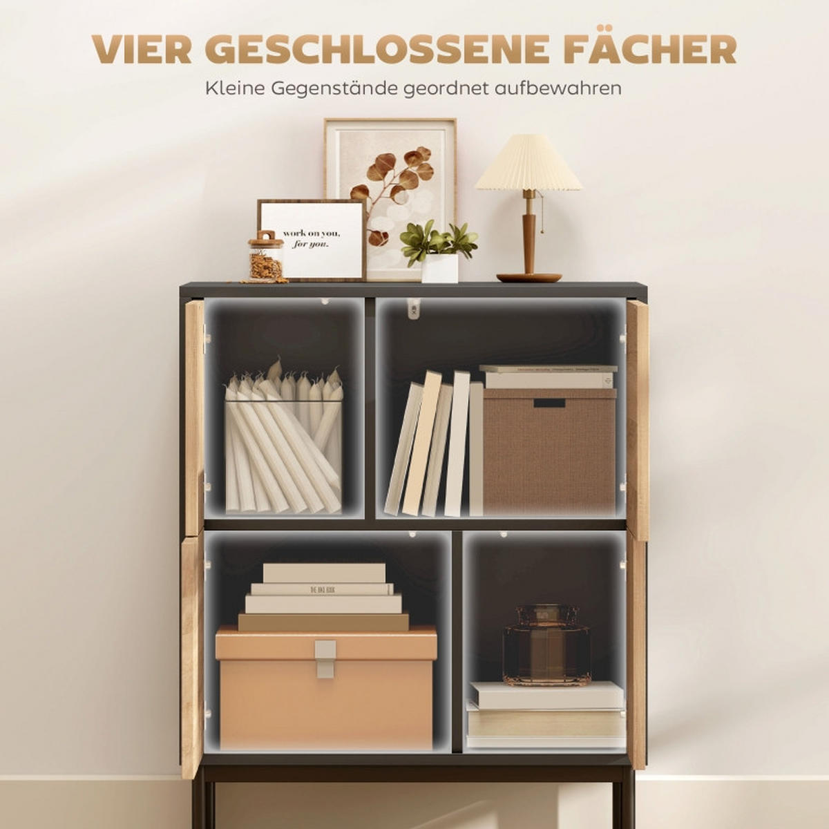 SIDEBOARD mit Push-to-Open Türen und Metallbeinen in Schwarz/Naturholzoptik - Schwarz, Holz (60/78/35cm) - BEAOK