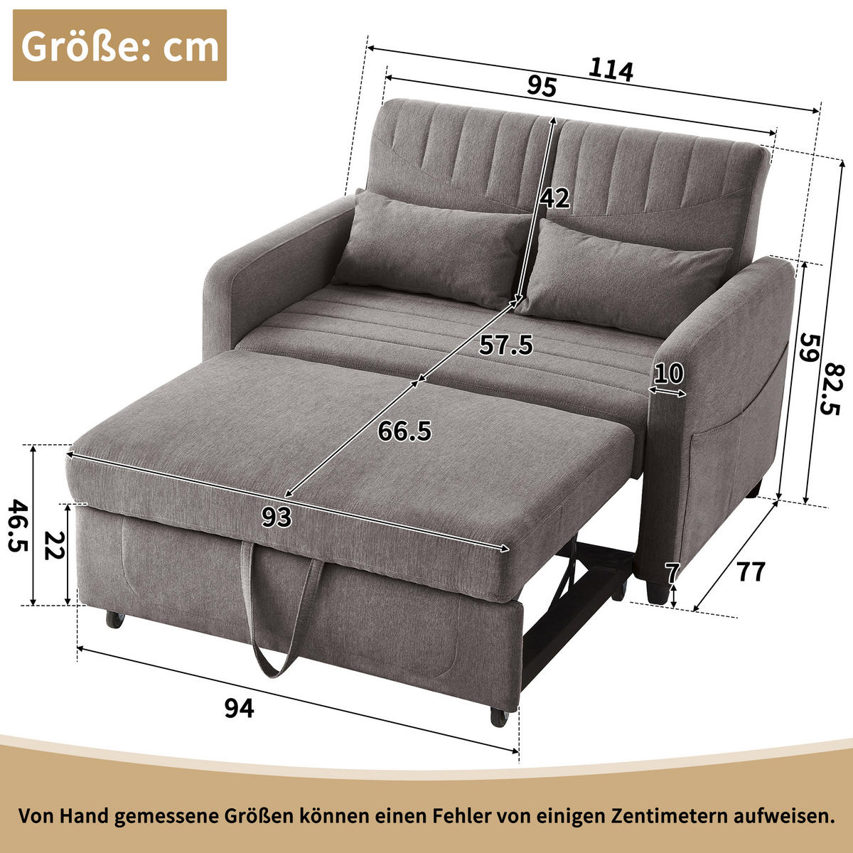SOFA Zweisitzer mit Schlaffunktion ausziehbar Grau Baumwoll-Leinen 210/90/45 cm - Grau, Kunststoff (114/82.5/77cm) - OKWISH