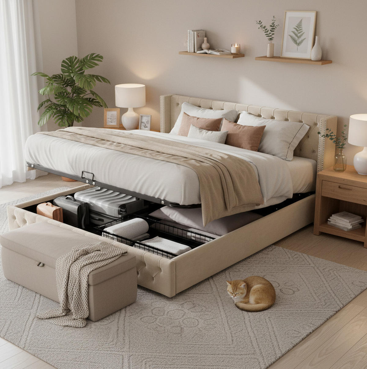 POLSTERBETT 160/200 cm mit hydraulischem Bettkasten, Chesterfield-Kopfteil, Beige - Beige, Textil (160/200cm) - Redom