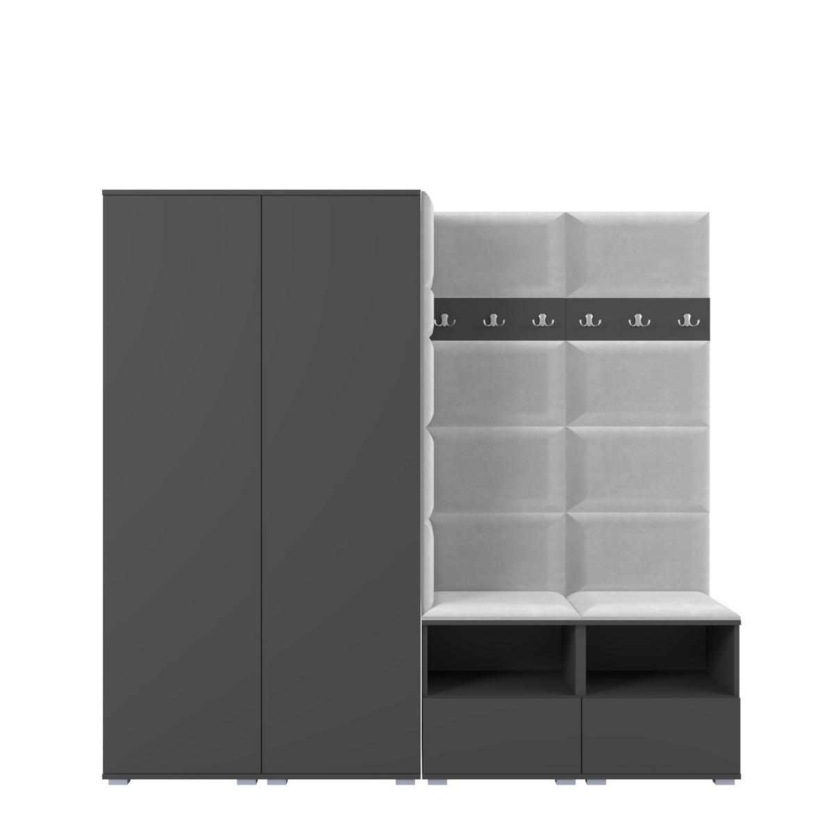 GARDEROBE NELA VI 200 cm (Kompaktgarderobe Graphit mit Sitzpolster Hellgrau 32 Schrank & Paneel) - Silberfarben/Hellgrau, Holz/Holzwerkstoff (200/187/40cm) - Ravio