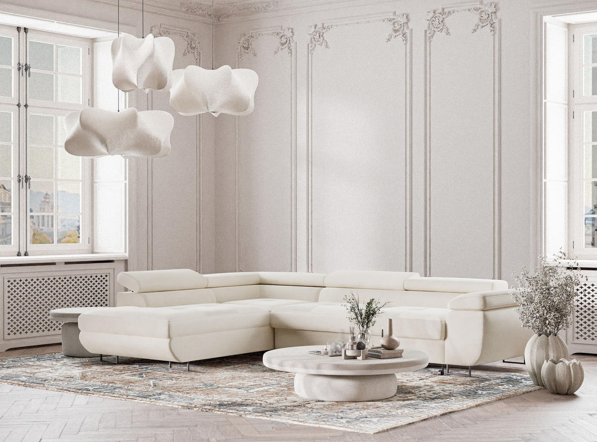 ECKSOFA Concord Creme Chenille-Stoff - Links Seite - Creme/Schwarz, Holz/Holzwerkstoff (203/277cm) - Maison de Reve