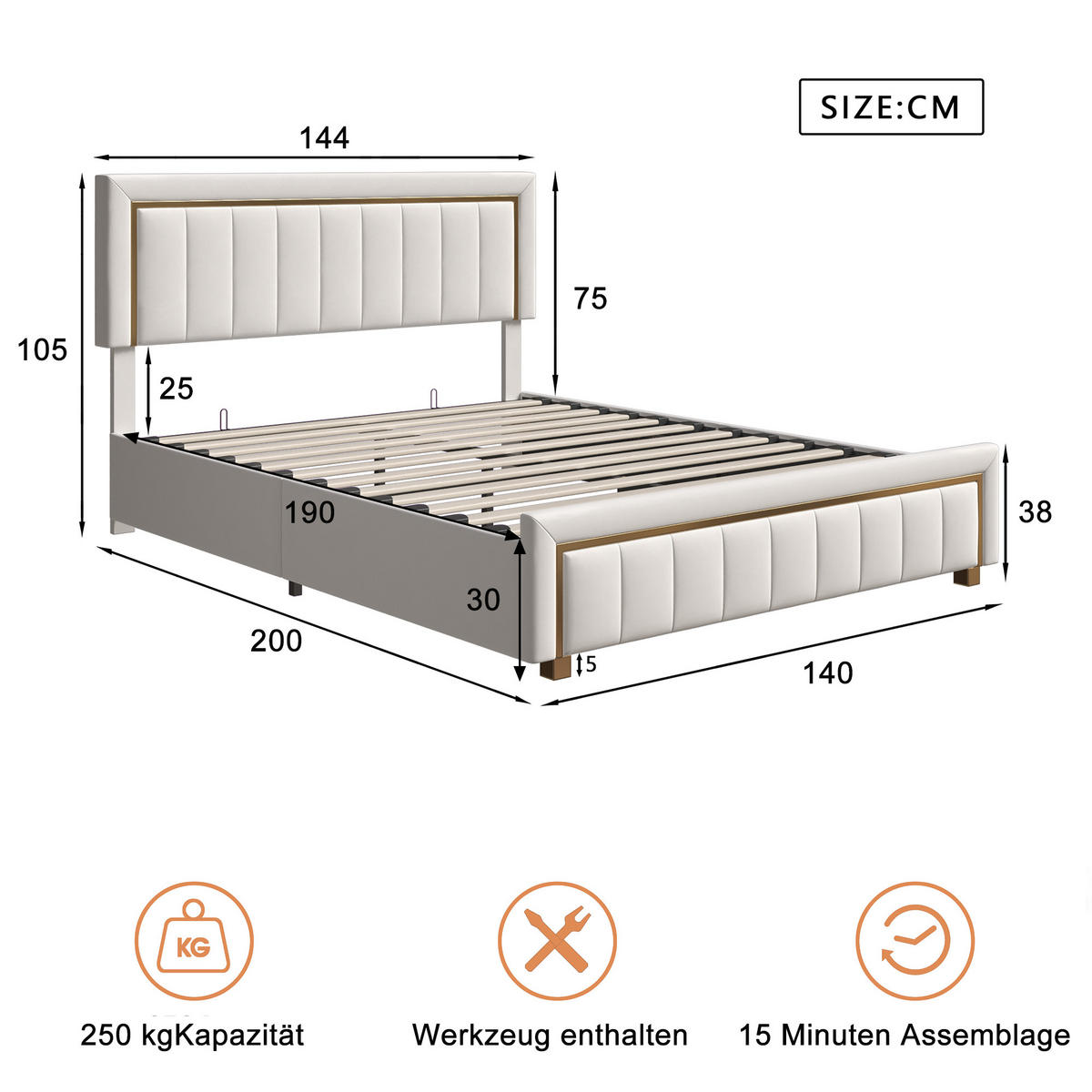POLSTERBETT 140x190 cm, Samt, goldene Kante, Gaslift, Luxus-Stil, Stauraum, cremeweiß - Creme, Metall (140/190cm) - EuroLiving