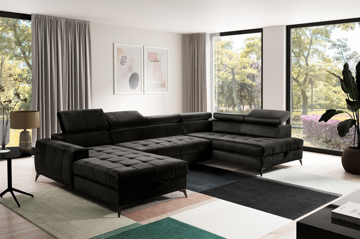 WOHNLANDSCHAFT Arkucio U Schwarz 345/200/95 cm – großes Sofa mit Schlaffunktion L - Schwarz, Textil/Metall (200/95/345cm) - AX Living