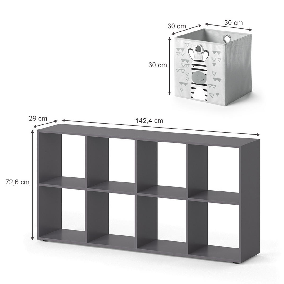 KINDERREGAL Scutum Grau 143 x 72 cm mit 8 Faltboxen - Grau, Holzwerkstoff (143/72/29cm) - Vicco