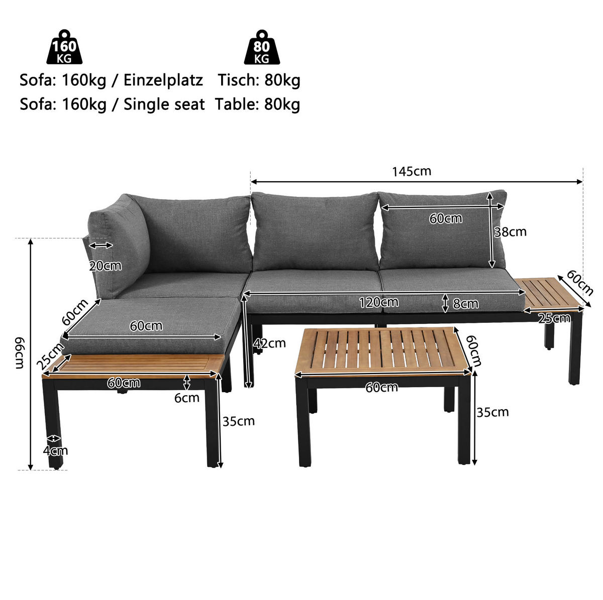 LOUNGEGARNITUR 120/60/66 cm grau aus Eisen mit Akazie 5-teilig - Grau, Metall - OKWISH