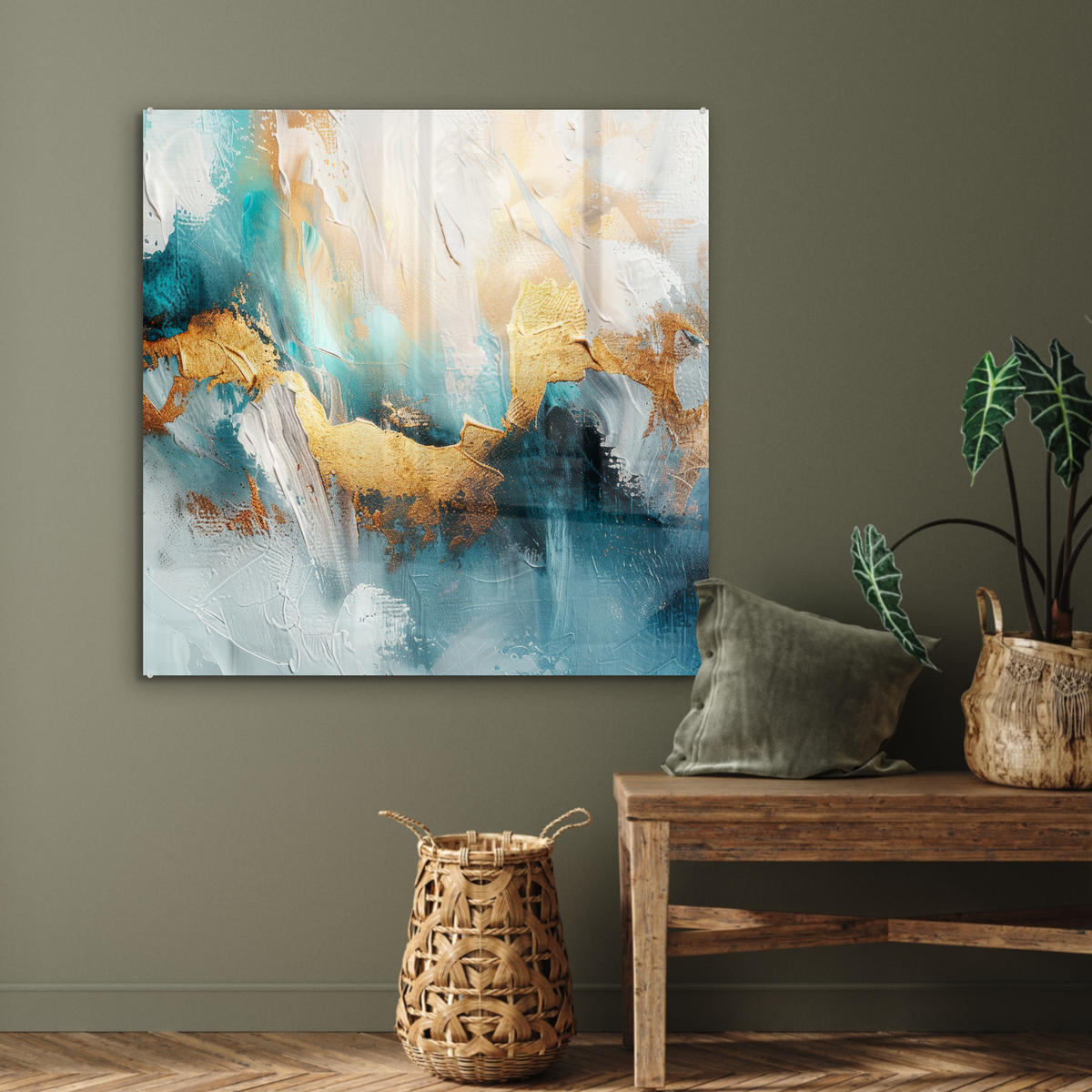 ACRYLGLASBILD Abstrakt - Kunst - Gold - Blau 90x90 cm - Petrol, Glas (90/90cm) - MuchoWow