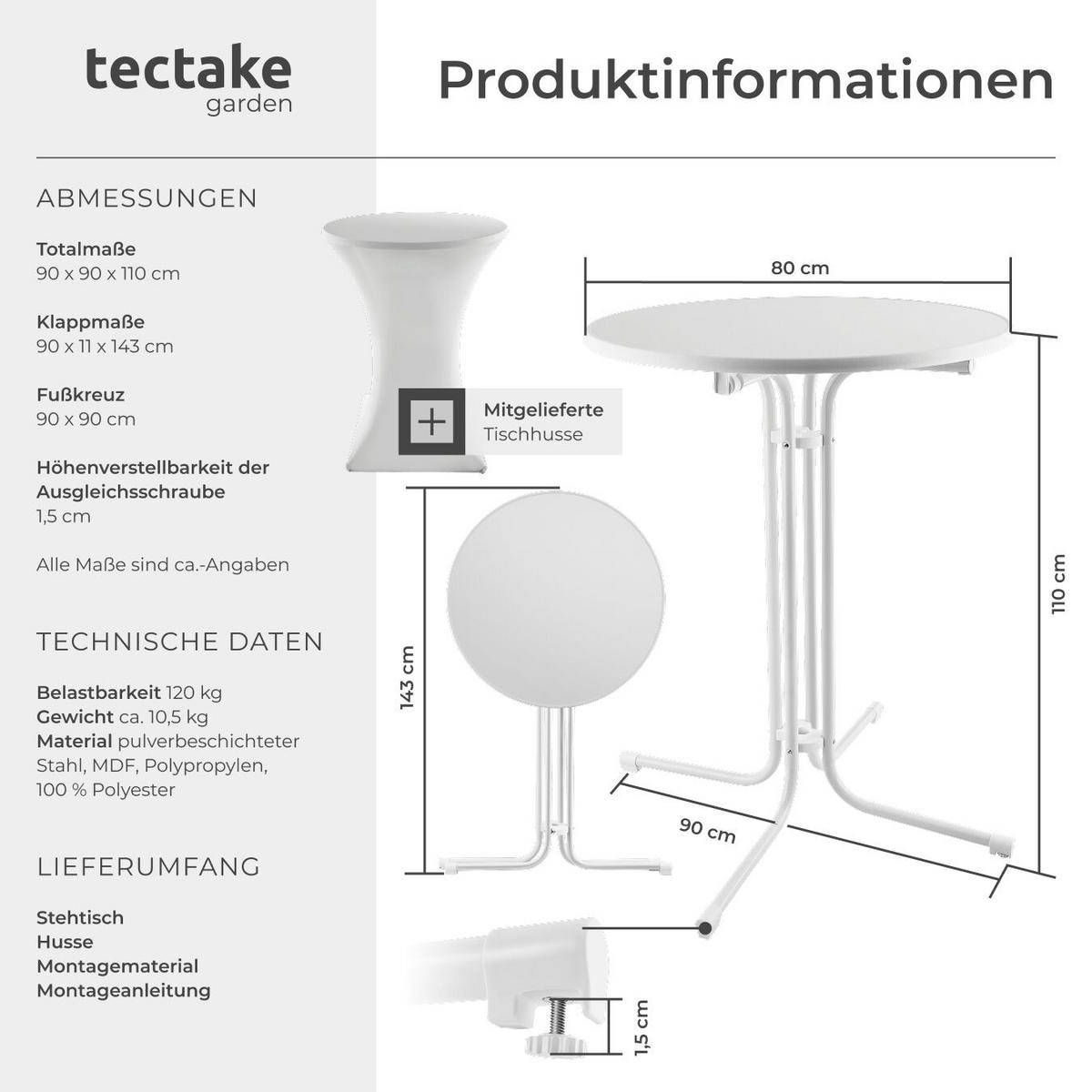 STEHTISCH Eren,bodenschonende Kunststofffüße & Ausgleichsschraube,weiß - Weiß, Textil (80/80/110cm) - tectake