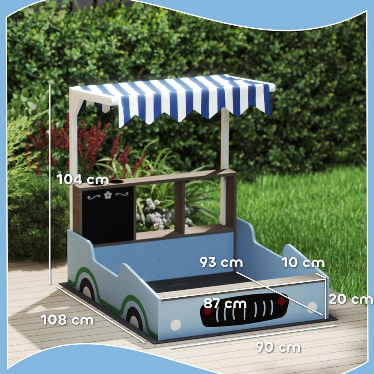 SANDKASTEN mit Dach, 90 x 108 cm Sandkiste aus Holz Sandbox mit Sitzbank Blau - Blau, Holz (108/90/104cm) - AIYAPLAY