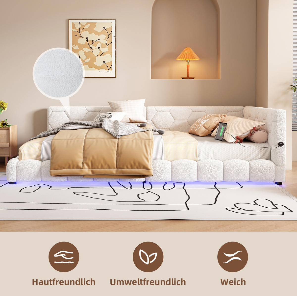 POLSTERBETT 140/200 cm Weiß mit LED-Beleuchtung und USB- und Type-C-Anschlüssen - Weiß, Textil (140/200cm) - Flora Grace