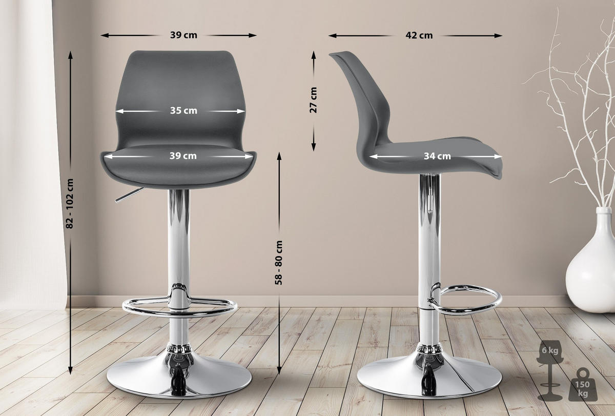 BARHOCKER 2er Set Kunststoff grau - Chromfarben/Grau, Kunststoff/Textil (39/82/42cm) - CLP