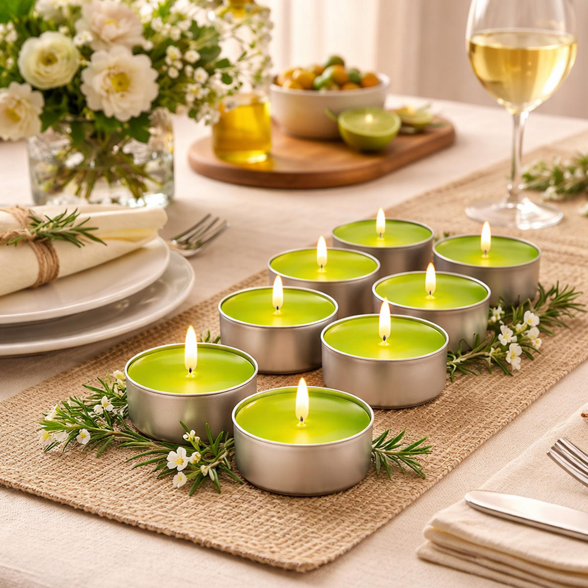 TEELICHT mit Duft - Apfel - 54er Pack - Grün, Naturmaterialien (4/1.5/4cm) - HS Candle