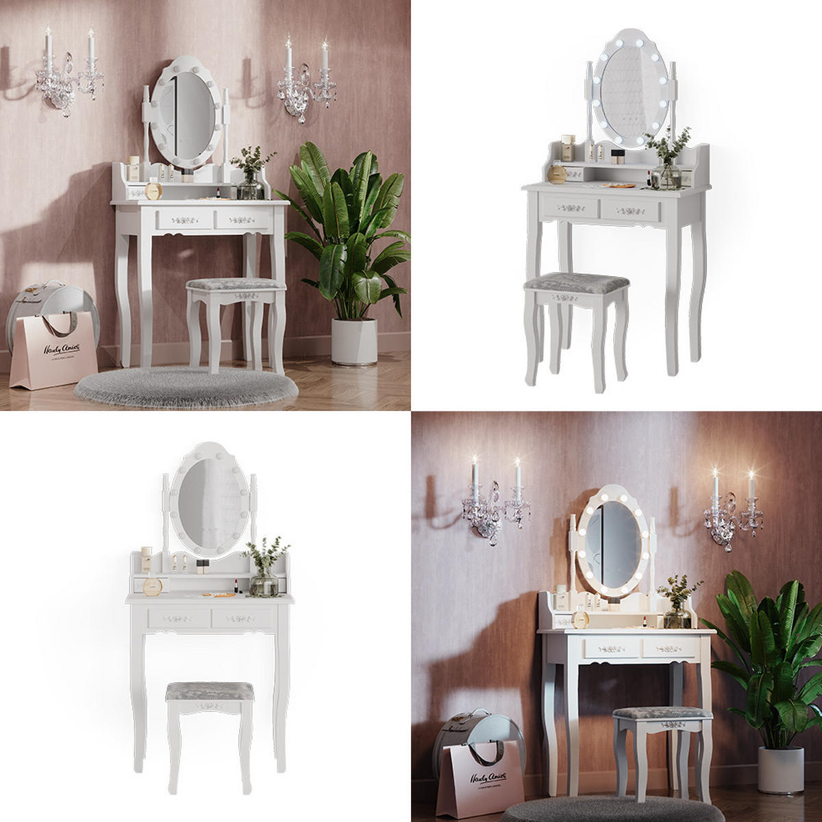 SCHMINKTISCH Maggie Weiß 75 cm mit LED Beleuchtung und Hocker - Weiß, Holzwerkstoff (75/146.5/40cm) - Vicco