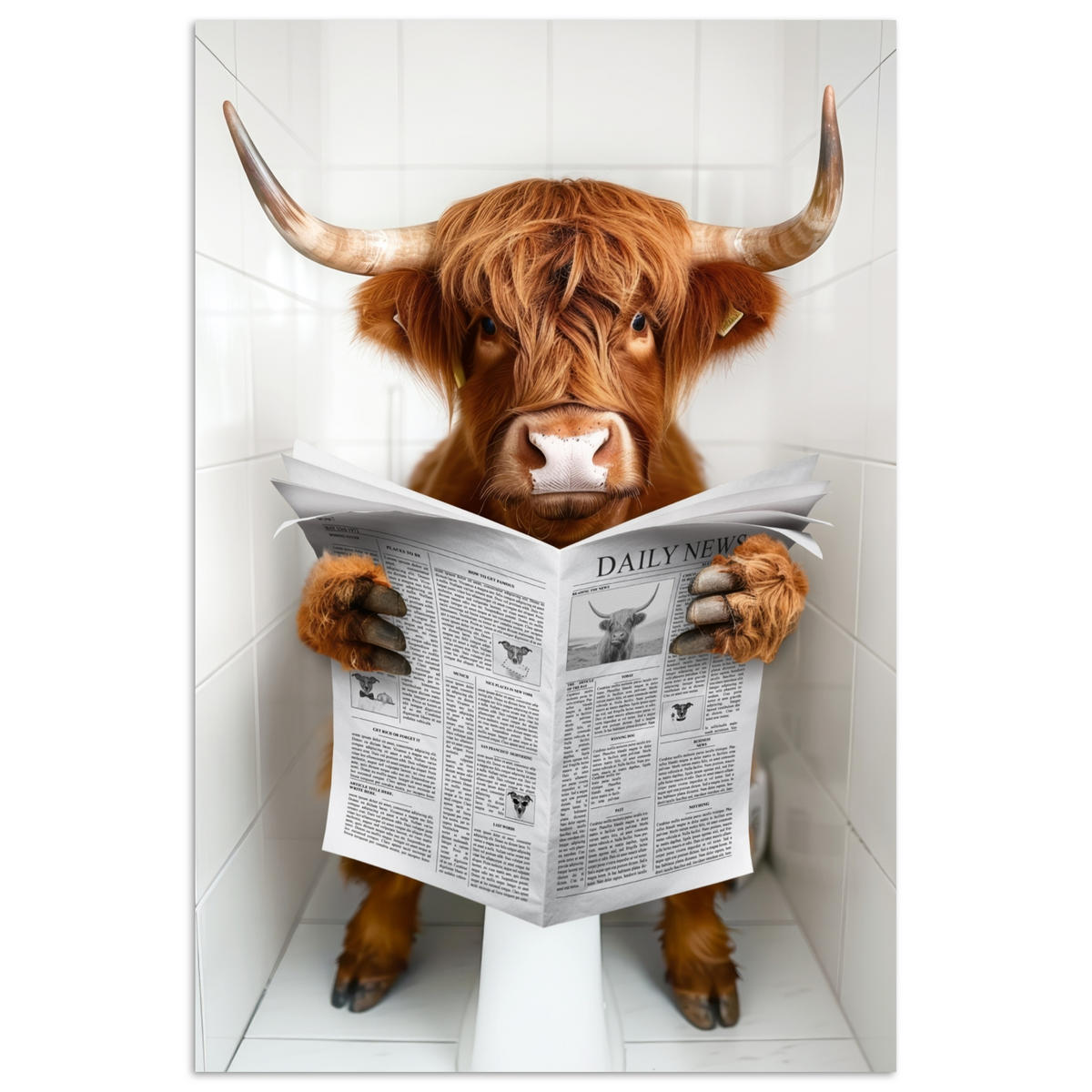 POSTER Schottisches Hochlandrind - Tier - Zeitung - Toilette 80x120 cm - Kastanienfarben, Papier (80/120/0.1cm) - MuchoWow