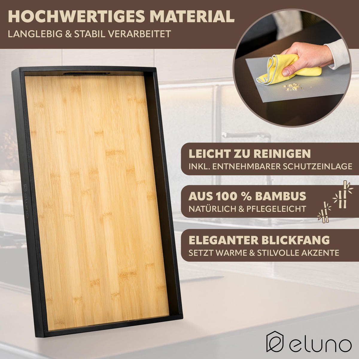 SERVIERTABLETT mit Griffmulden - Schwarz, Naturmaterialien (50/5/30cm) - eluno