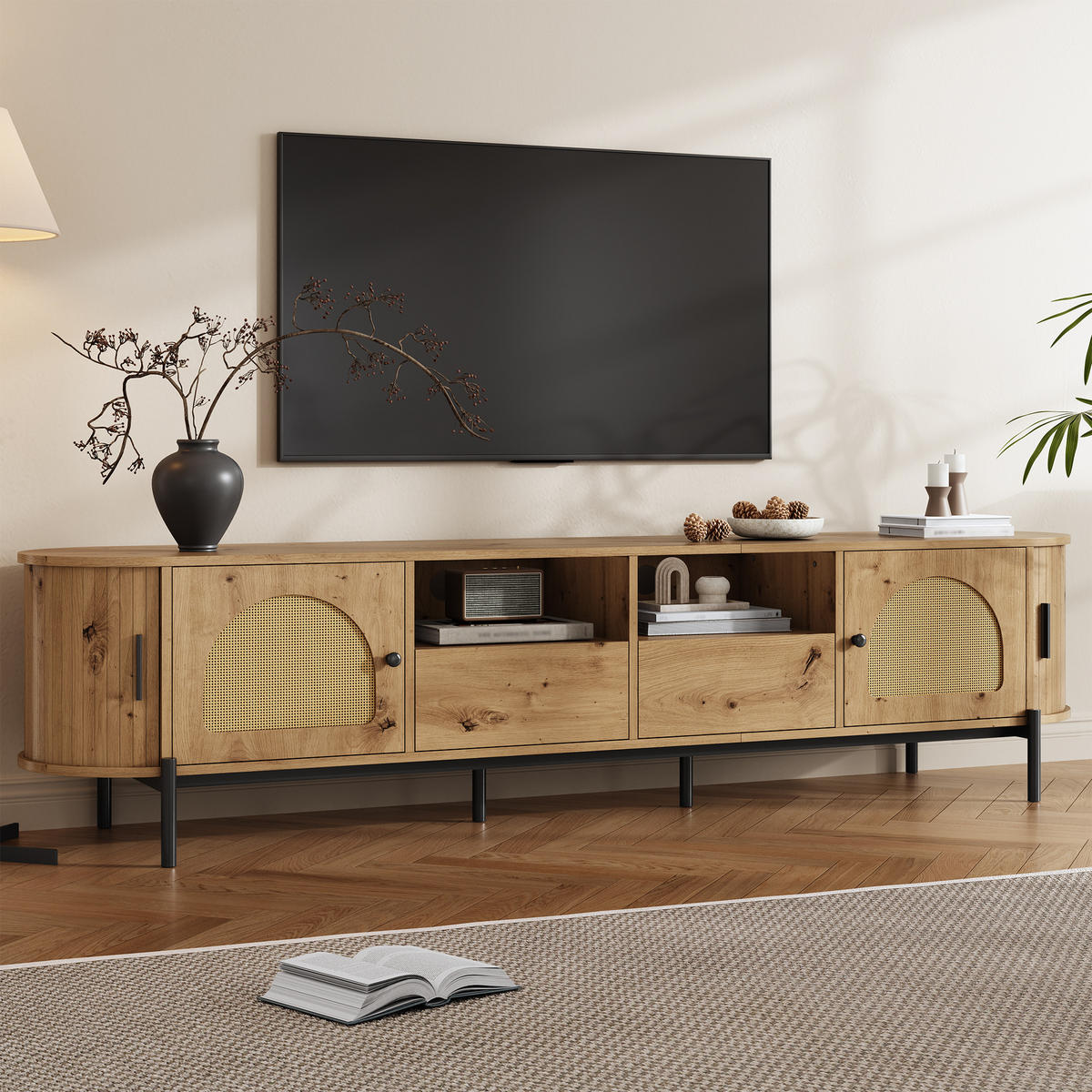 TV-SCHRANK oval Rattan Holzoptik - Naturfarben, Holzwerkstoff (200/49.5/40cm)
