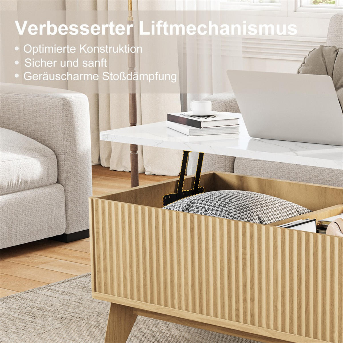 COUCHTISCH in weißer Marmoroptik - Rechteckiger Couchtisch mit Lift-Funktion Stauraum und Holzbeinen - Eichefarben, Holzwerkstoff (53/105/42cm) - DELFA