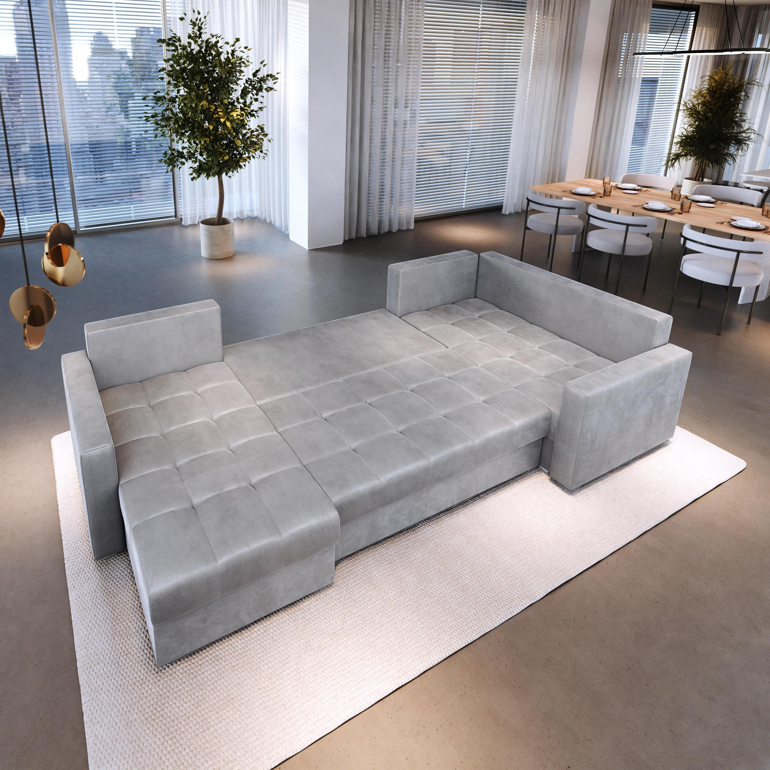 WOHNLANDSCHAFT LORIVO R-S Rosa Plüsch-Stoff mit Schlaffunktion - Rosa, Holz (285/85/150cm) - MASSENO