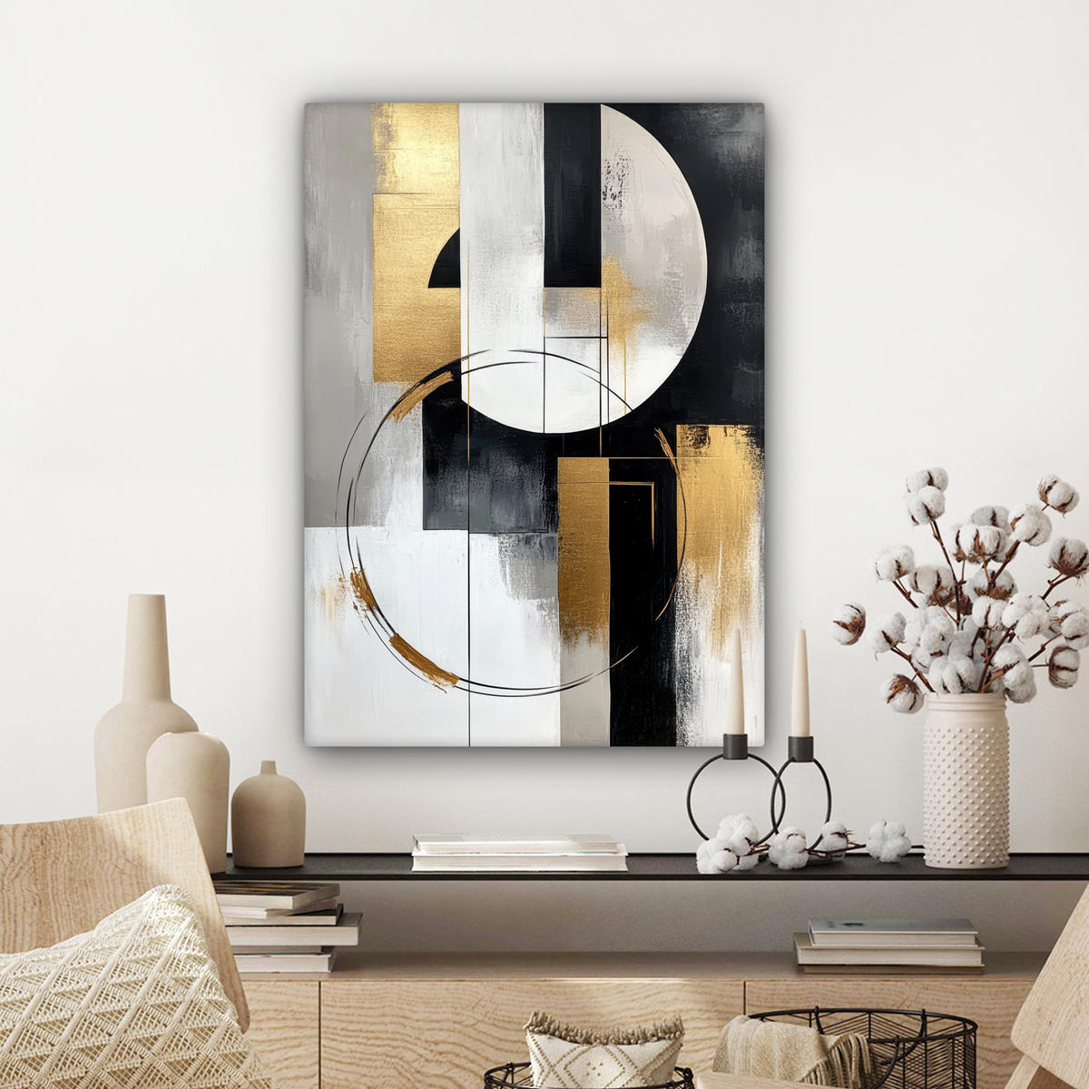 LEINWANDBILD - Abstrakt - Gold - Silber - Formen - Ästhetik - 60x80 - Gemälde - Multicolor, Textil (60/80cm) - MuchoWow