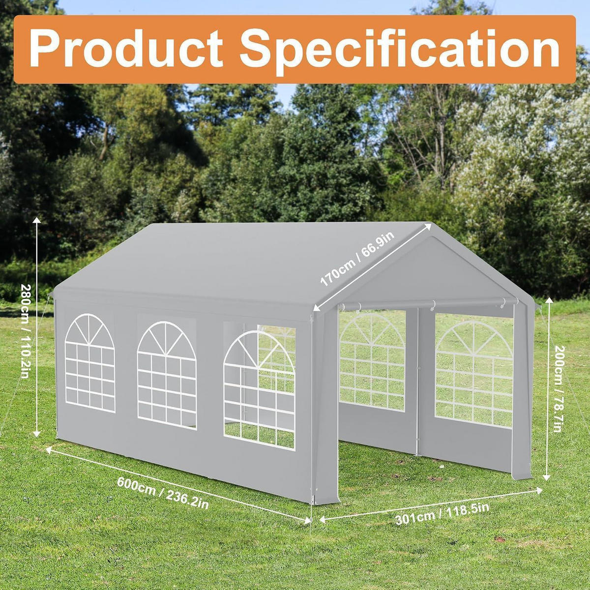 GARTENZELT 3 x 6 m mit 4 Seitenwänden Grau - Grau, Textil (300/280/600cm)
