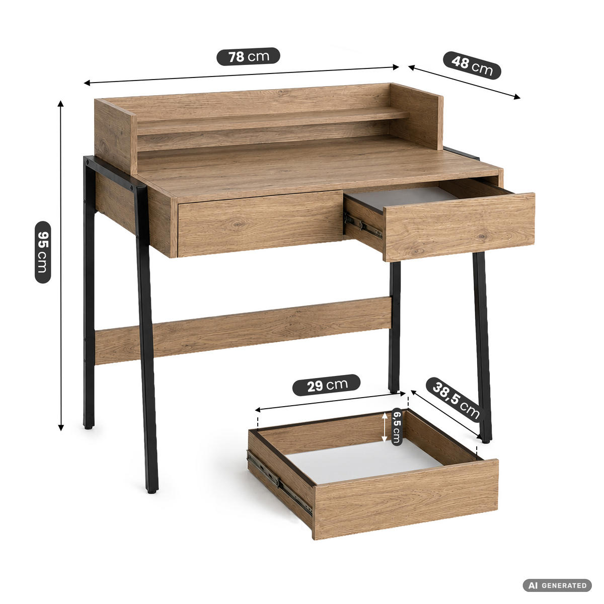 SCHREIBTISCH FLUX 78 cm Artisan Eiche - Schwarz/Eiche Artisan, Holzwerkstoff (78/48/95cm) - Akord