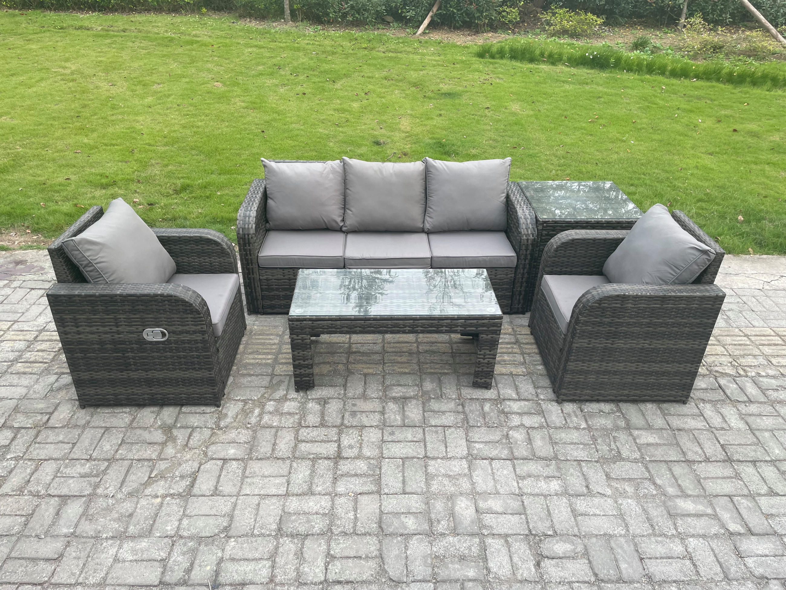 GARTENSOFA SET mit LIEGESTUHL Polyrattan 5-Sitzer Dunkelgrau - Dunkelgrau/Grau, Glas/Kunststoff - Fimous