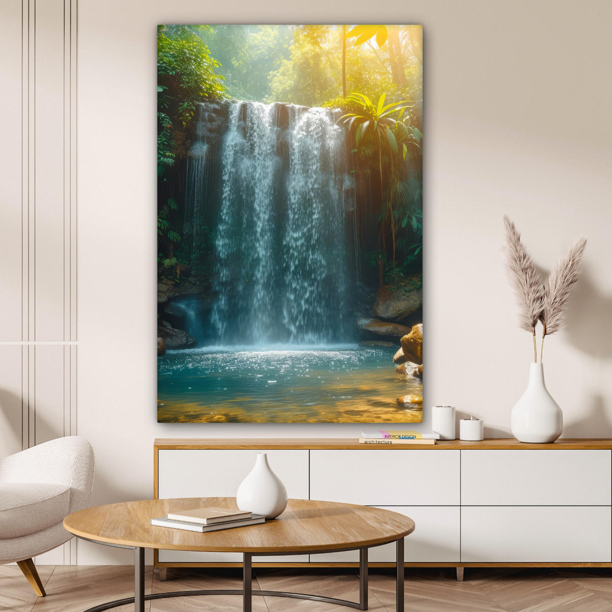 LEINWANDBILD Wasserfall - Dschungel - Sonne - Grün - Natur Deko Groß 90x140 cm - Grün, Textil (90/140cm) - MuchoWow