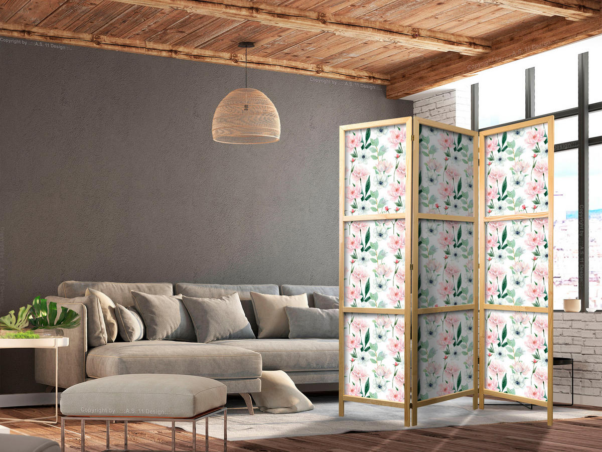 PARAVENT Japanischer 3-tlg 135x172 cm Blumen Und Bl tter - Multicolor, Holz/Textil (135/172/3cm) - Muralo