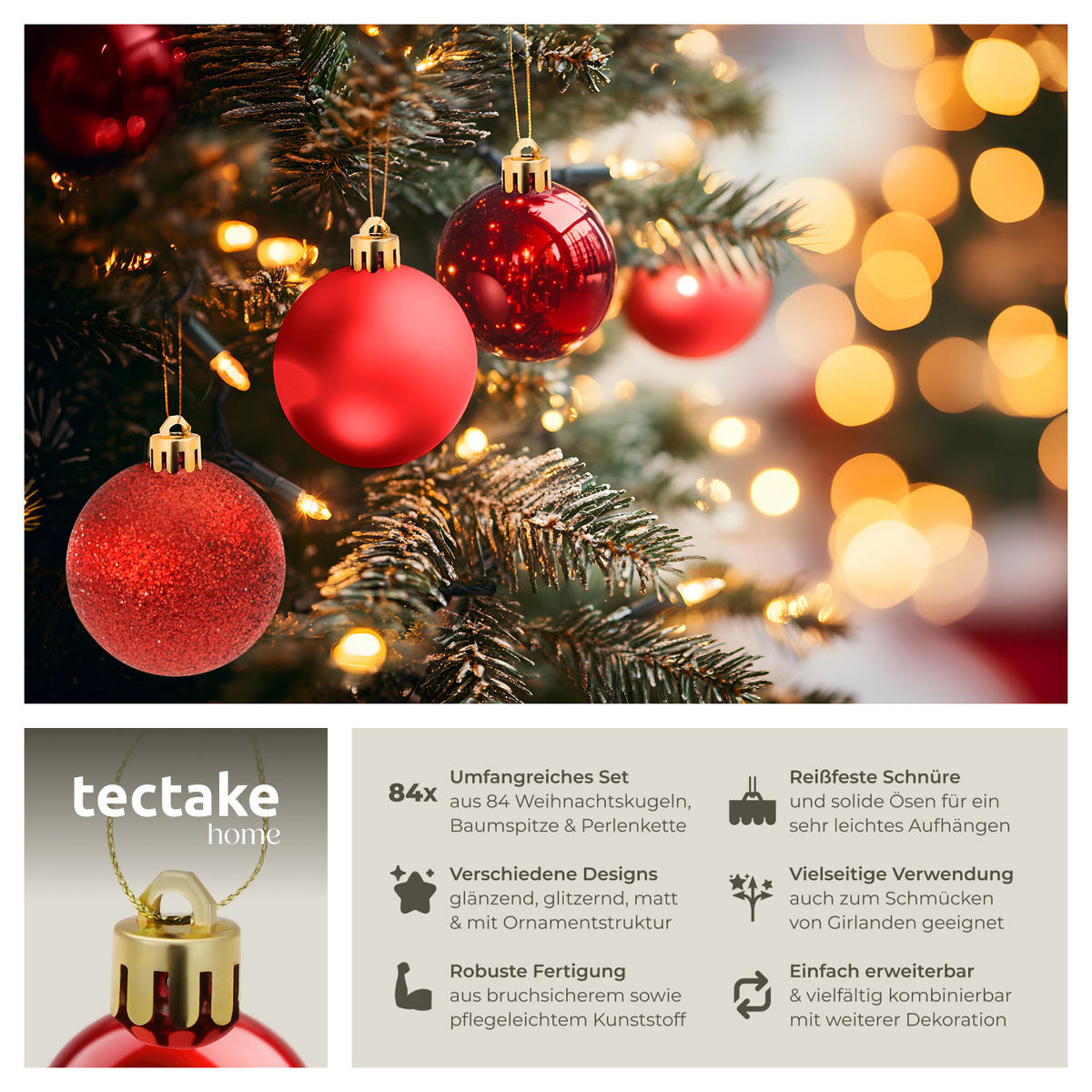 WEIHNACHTSKUGELN ,Durchmesser 3, 4 und 6 cm,rot - Rot, Textil (6/6/6cm) - tectake