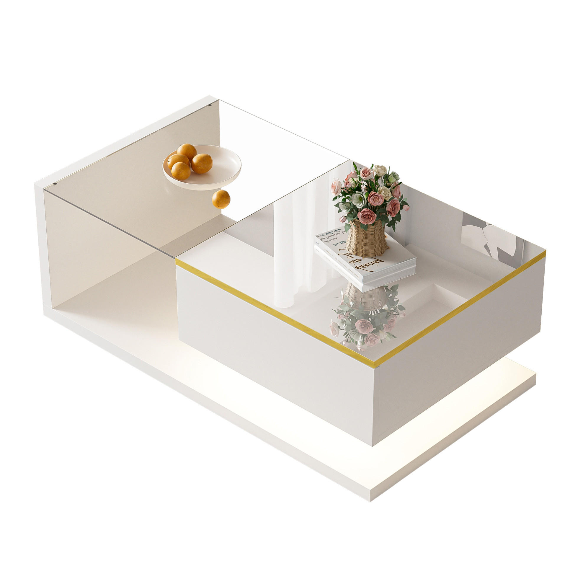 COUCHTISCH 90/50/32,5 cm in Hochglanz-Weiß mit LED-Beleuchtung und Glasplatte - Weiß, Holzwerkstoff (90/50/32.5cm) - Flora Grace