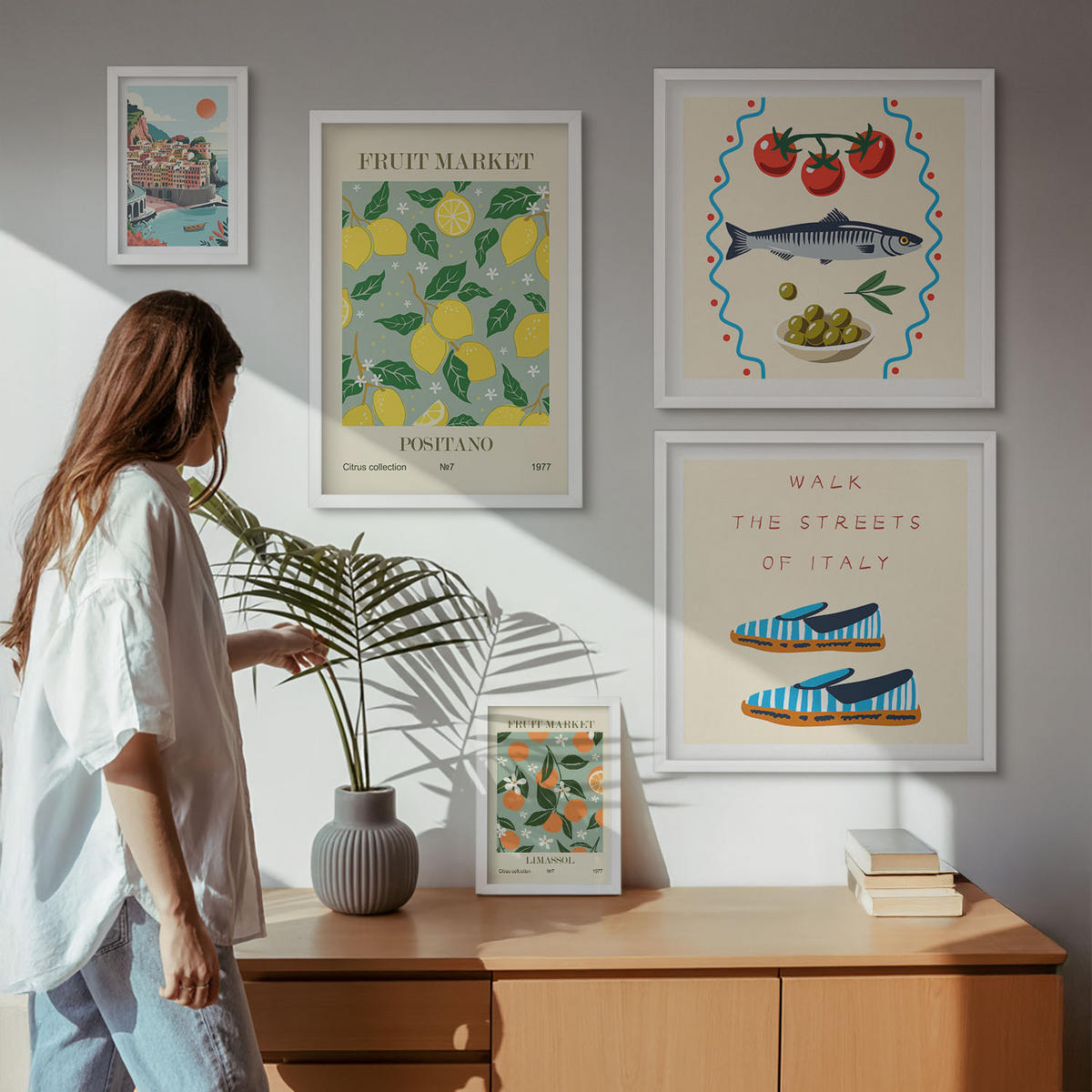WANDBILDER 5er-Set - 50x50 cm & 20x30 cm & 40x60 cm Weißer Rahmen - Italienische Poster mit Fruchtmotiven - Weiß, Kunststoff (40/60cm) - ArtPrintCave