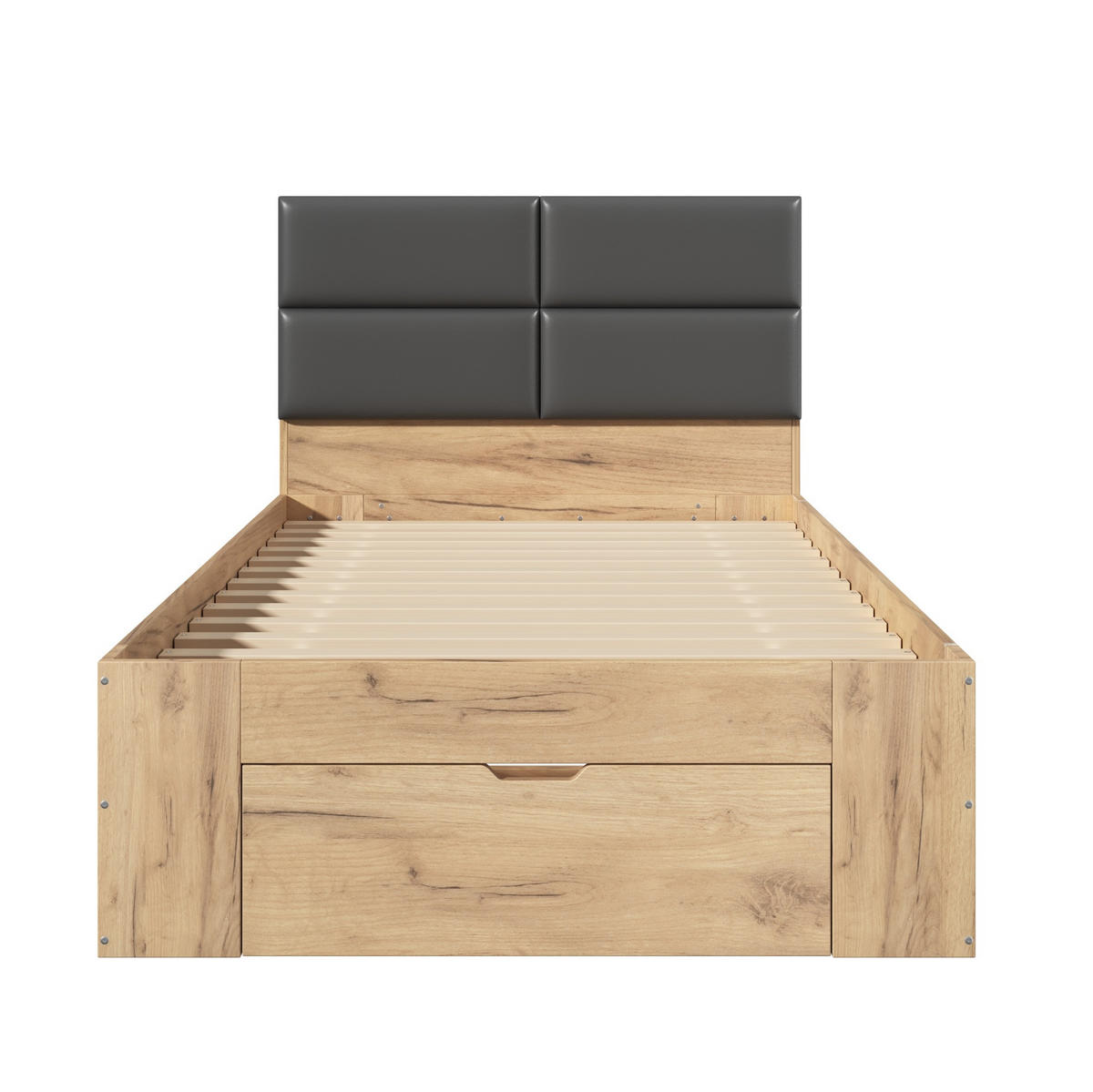 EINZELBETT aus MDF 90x200 cm Natur mit Schubladen, USB- und USB-C-Anschlüssen - Eichefarben, Holzwerkstoff (90/200cm) - Modfu