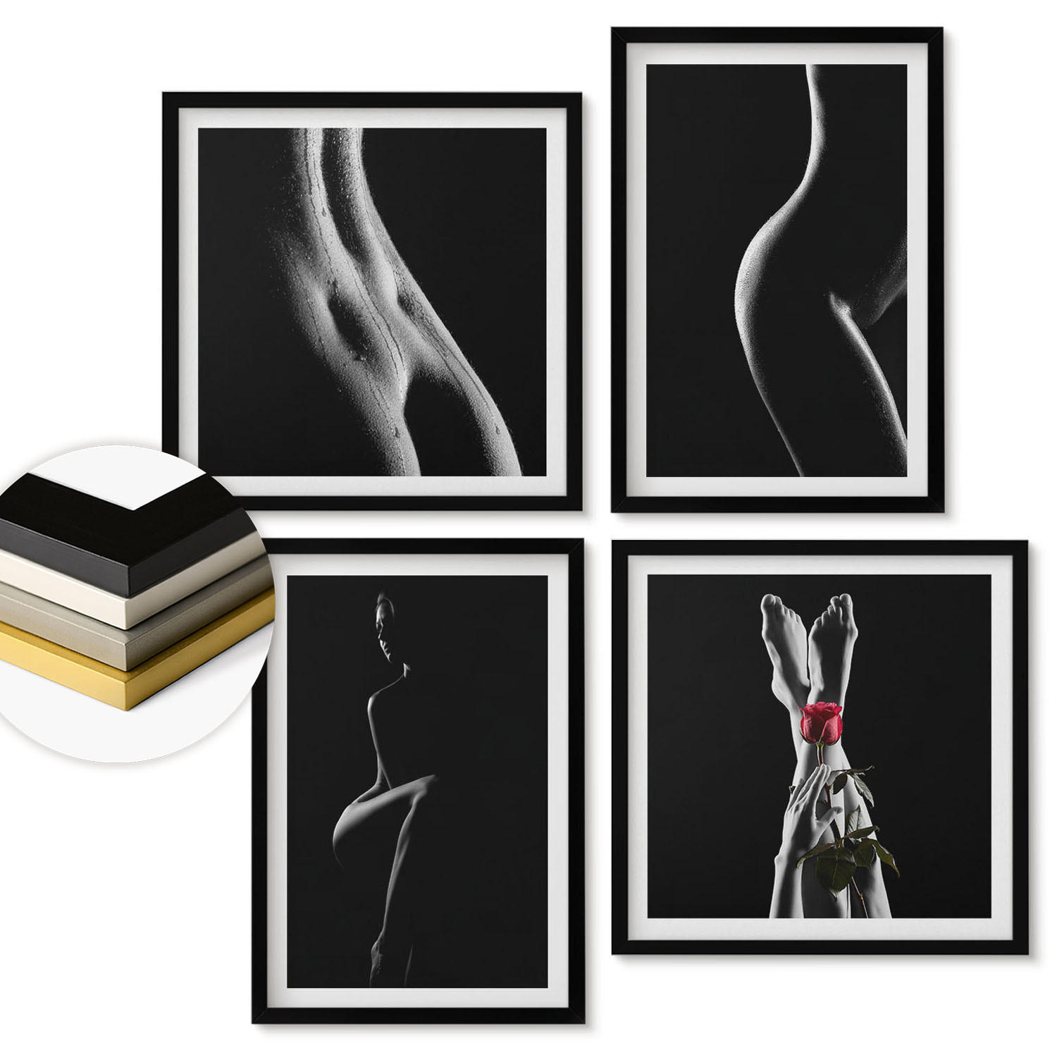 WANDBILDER 4er-Set - 50x50 cm & 40x60 cm Schwarzer Rahmen - Schwarze und weiße weibliche Formen - Schwarz, Kunststoff (50/50cm) - ArtPrintCave