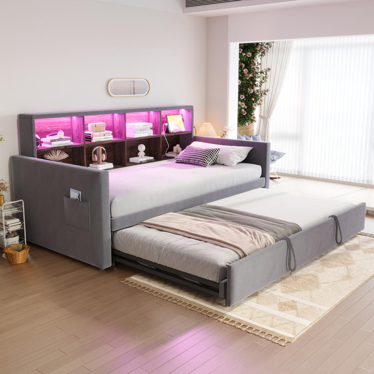 POLSTERBETT 90/190 cm aus Samt mit Ausziehbett, LED-Kopfteil und Steckdosen Dunkelgrau - Dunkelgrau, Textil (90/190cm) - Modenvie