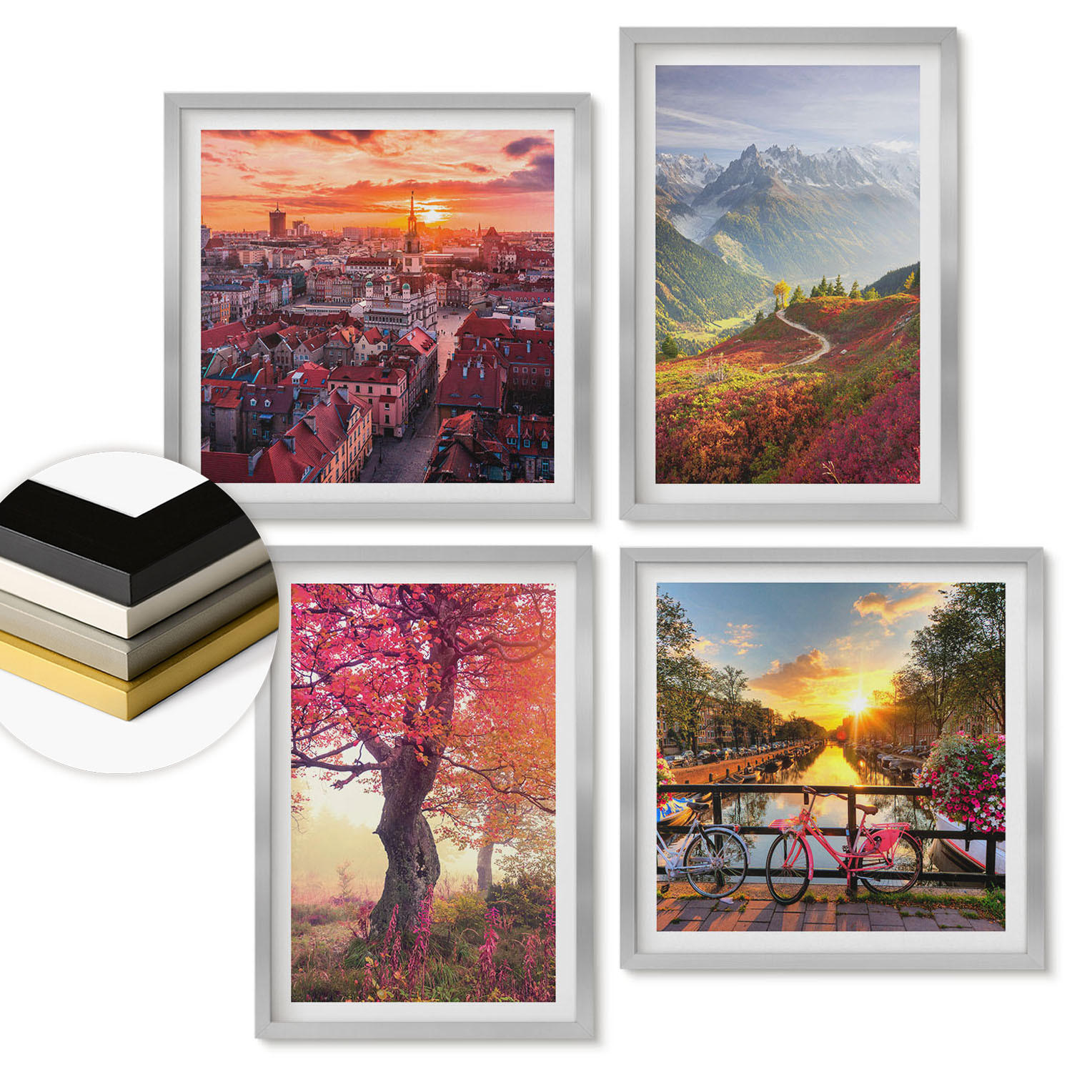 WANDBILDER 4er Set - 50x50 cm & 40x60 cm Silberner Rahmen - Berglandschaften mit dem Fahrrad - Silberfarben, Kunststoff (50/50cm) - ArtPrintCave