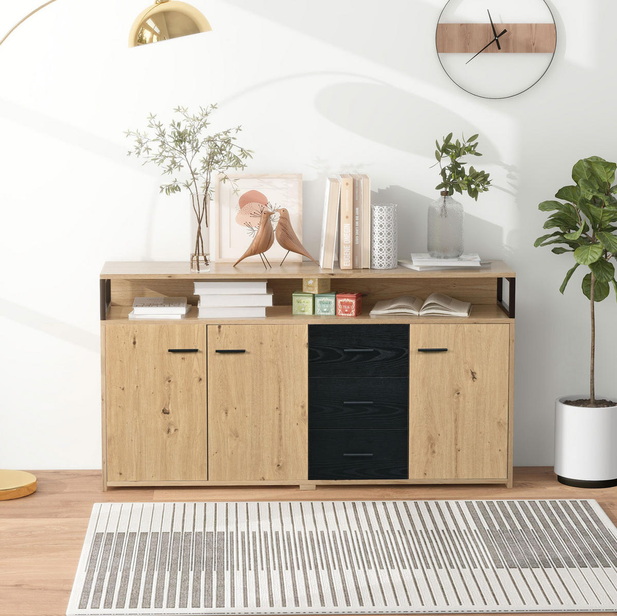 SIDEBOARD mit 3 Türen und 3 Schubladen, verstellbare Einlegeböden, 150/35/75,9 cm, Schwarz/Holzoptik - Naturfarben, Holzwerkstoff (150/75.9/35cm) - Redom