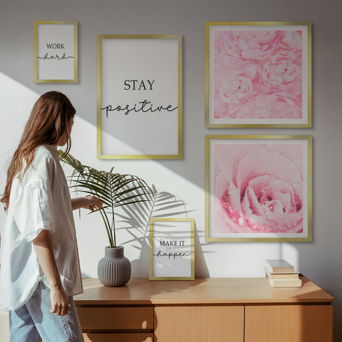 BILDER SET 5er Set - 50x50 cm & 20x30 cm & 40x60 cm Goldrahmen - Minimalistische rosa Blüten - Goldfarben, Kunststoff (40/60cm) - TULUP