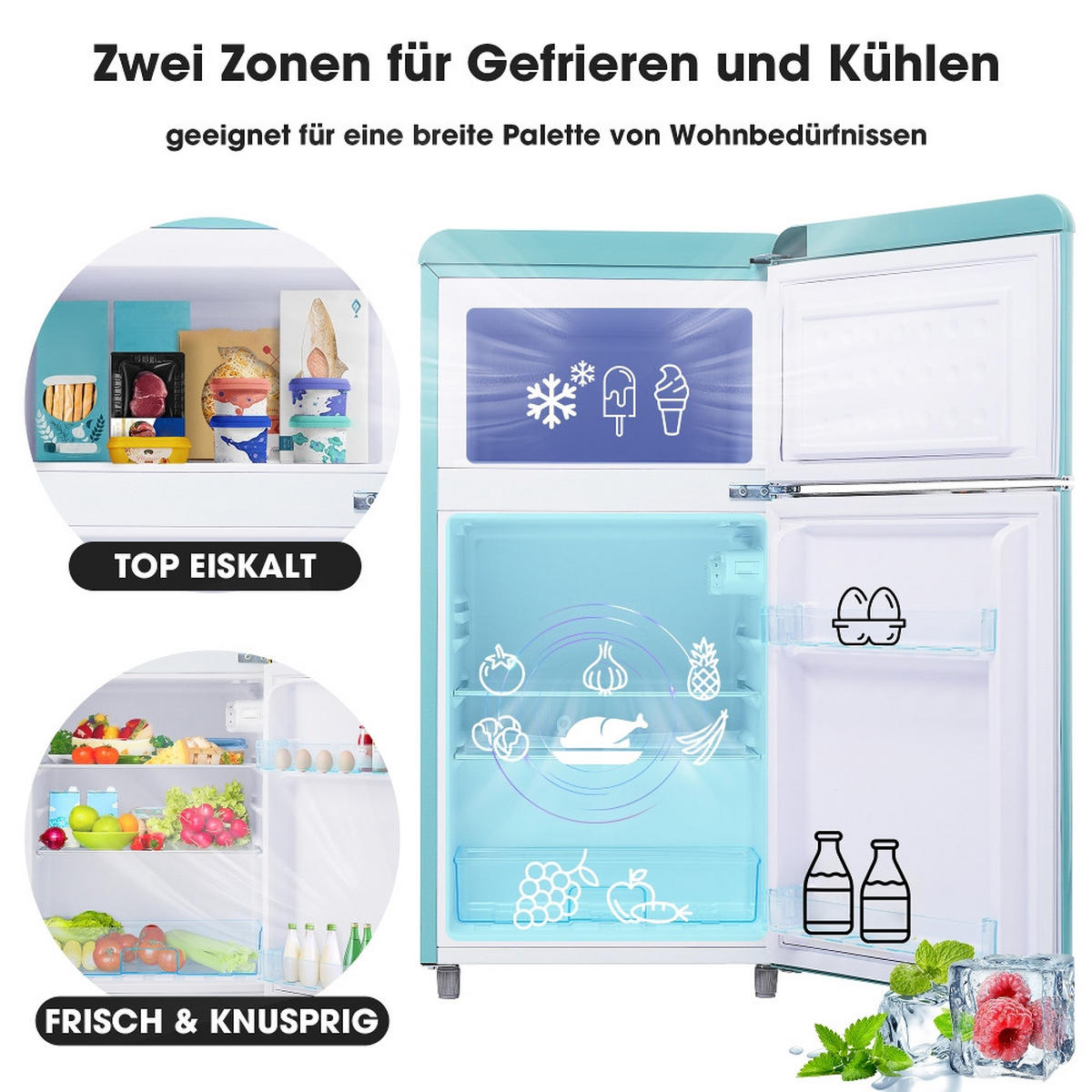 KÜHL-GEFRIER-KOMBINATION MIT GEFRIERFACH, Doppeltür, Cyan, 46/89/45 cm - Türkis, Metall (51/50/95.8cm) - Rolipo