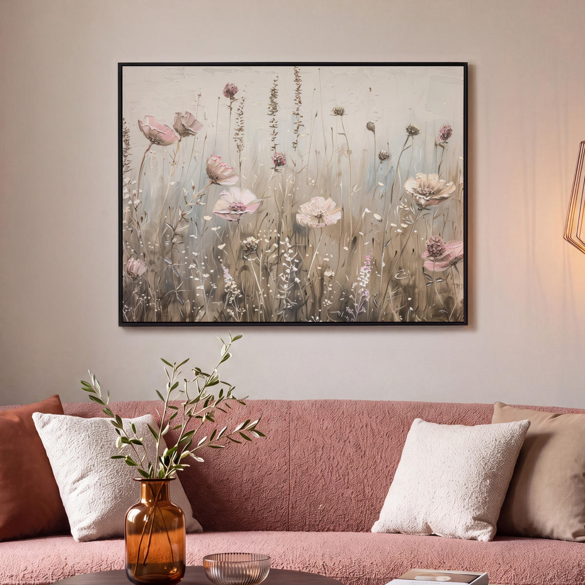 LEINWAND Bilder mit Rahmen - Blumen - Rosa - Modern - Beige - 100x70 - Beige, Textil (100/70cm) - MuchoWow