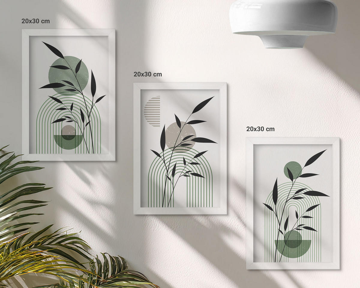 WANDBILDER 3er-Set - 20x30 cm Weißer Rahmen - Boho-Pflanzenkompositionen - Weiß, Kunststoff (20/30cm) - ArtPrintCave